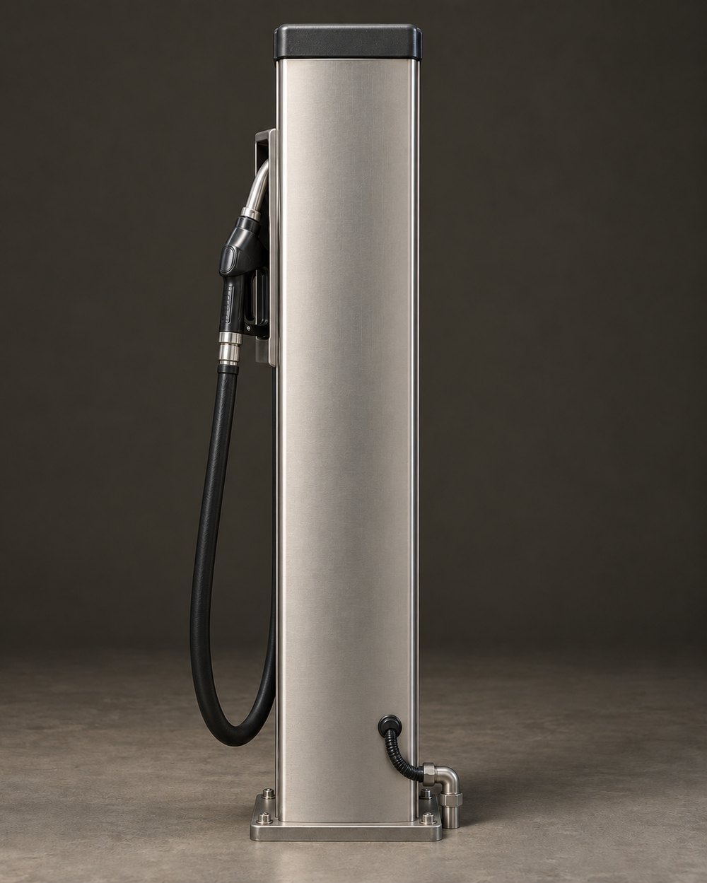 El surtidor R-evofuel completo en vista tres cuartos: columna de acero inoxidable cepillado, panel de control, soporte de pistola y manguera negra.